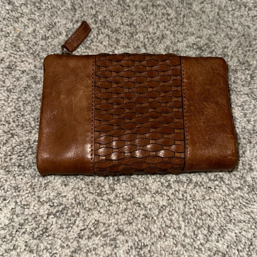 Woven Accent Brown Leather Wristlet Clutch